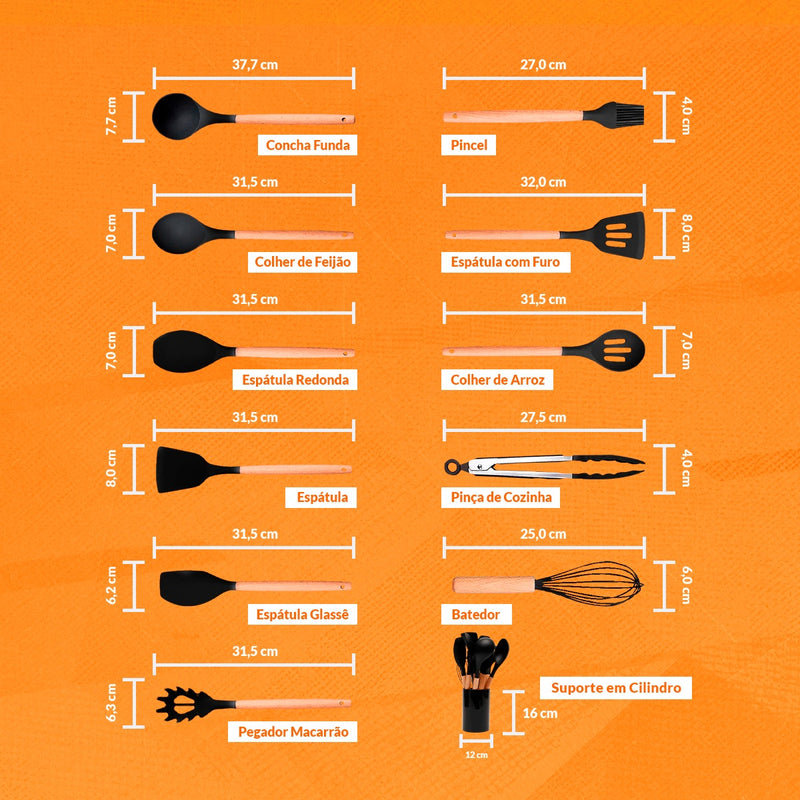 Kit 12 Utensílios De Cozinha Em Silicone E Cabo De Madeira