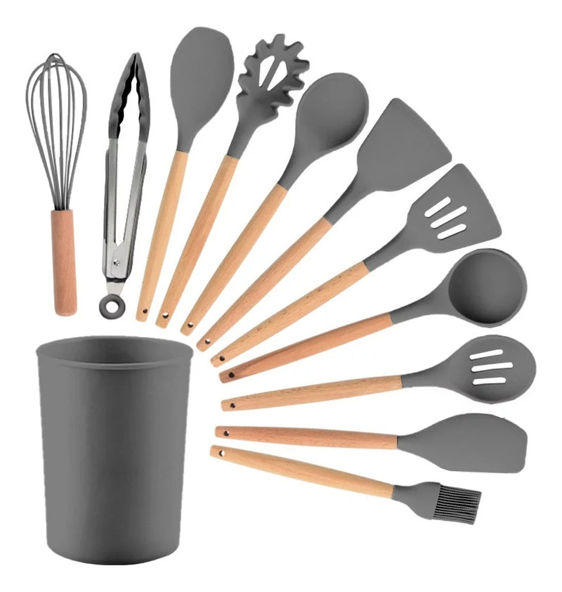 Kit 12 Utensílios De Cozinha Em Silicone E Cabo De Madeira