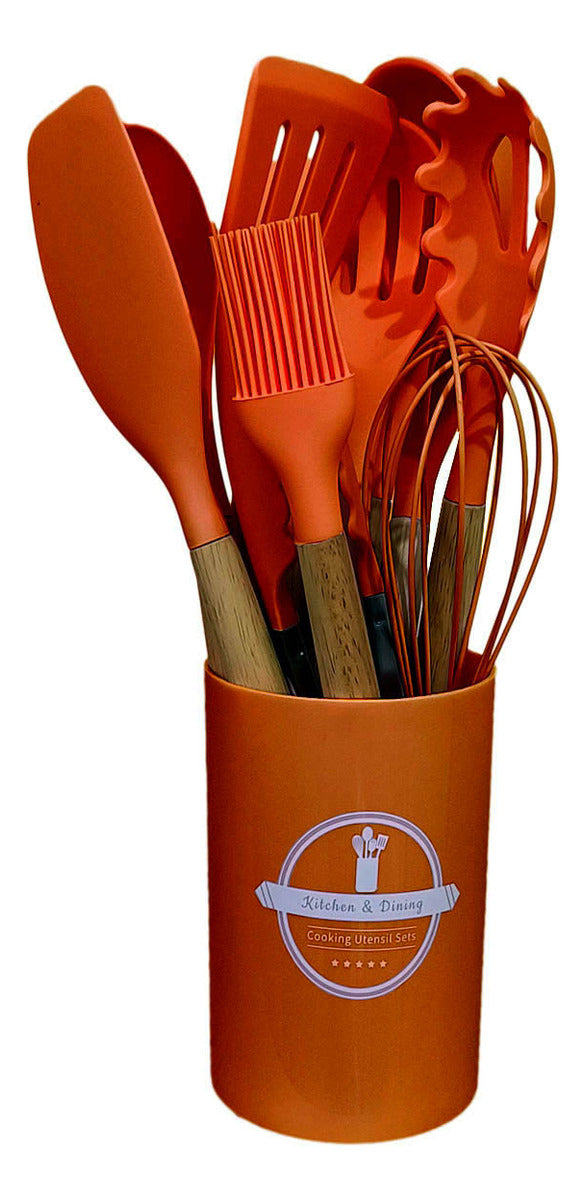 Kit 12 Utensílios De Cozinha Em Silicone E Cabo De Madeira