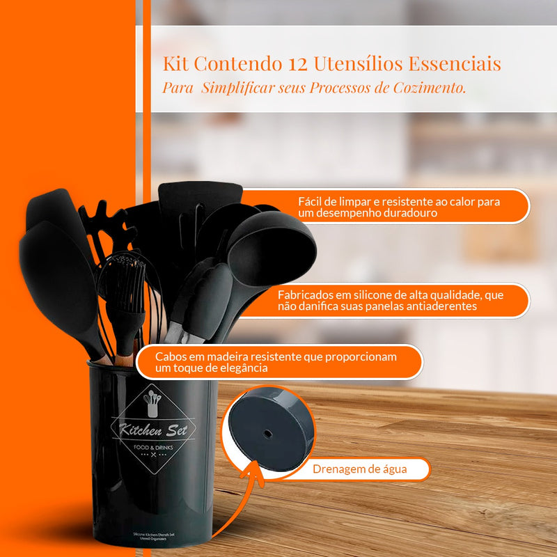 Kit 12 Utensílios De Cozinha Em Silicone E Cabo De Madeira