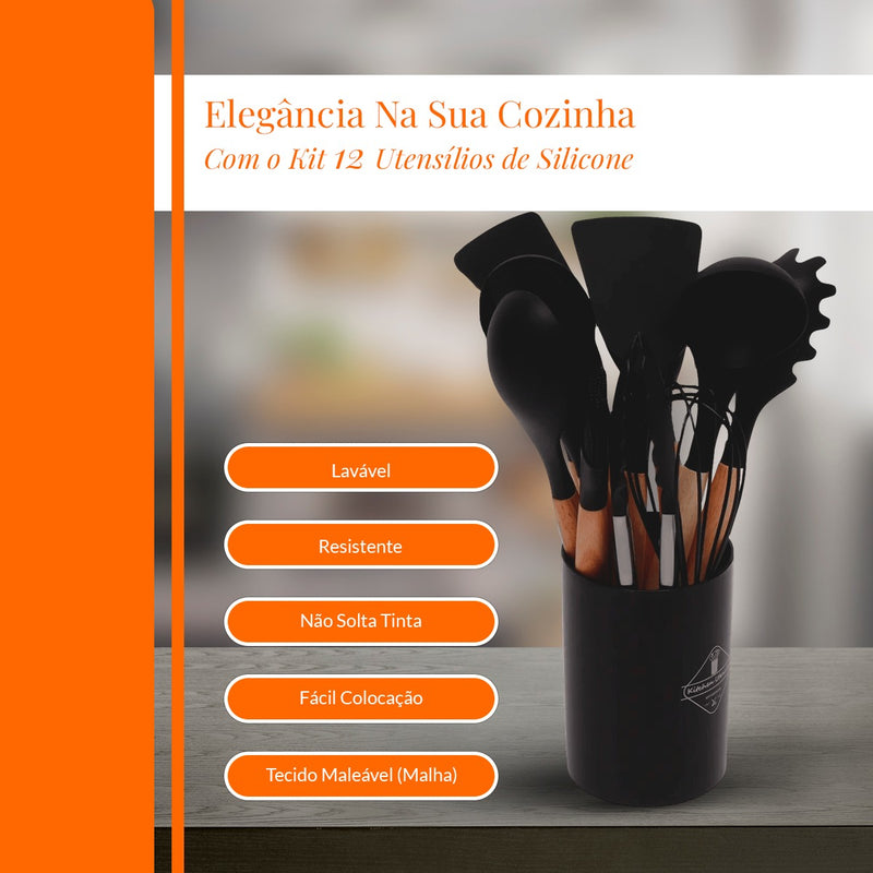 Kit 12 Utensílios De Cozinha Em Silicone E Cabo De Madeira