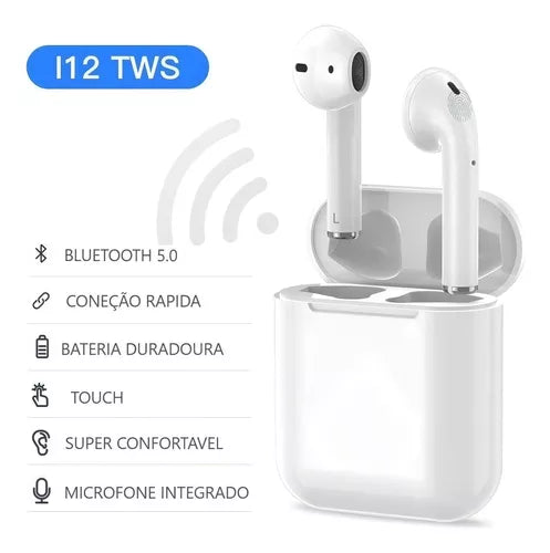 Fone De Ouvido Sem Fio I12 Tws Bluetooth Com Touch Cor Branco